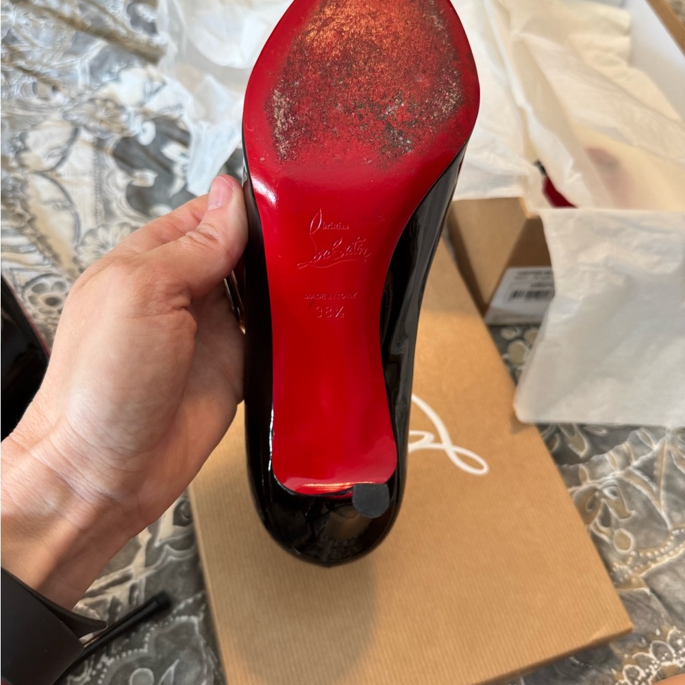 Christian Louboutin Glossy Black Peep Toe Heels Yootish 85 - Picture 9 of 16